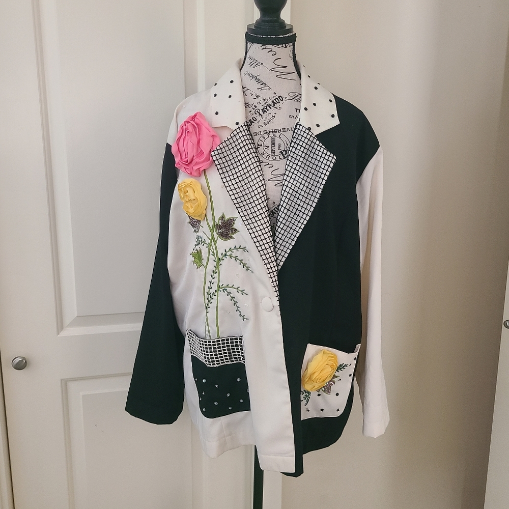 80's Vintage Blazer "Lacey Afternoon" By Shell Kepler Floral Embellished Size L